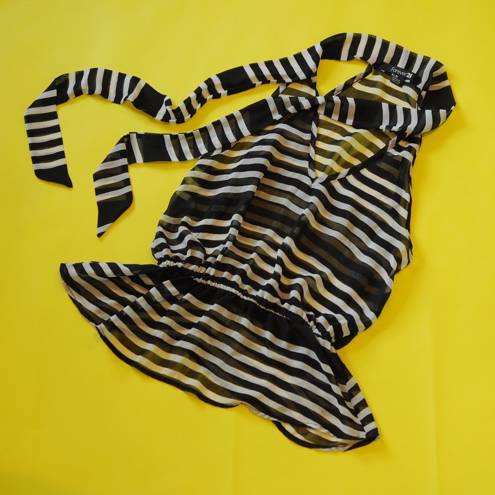 Black and White Striped Halter Chiffon Shirt